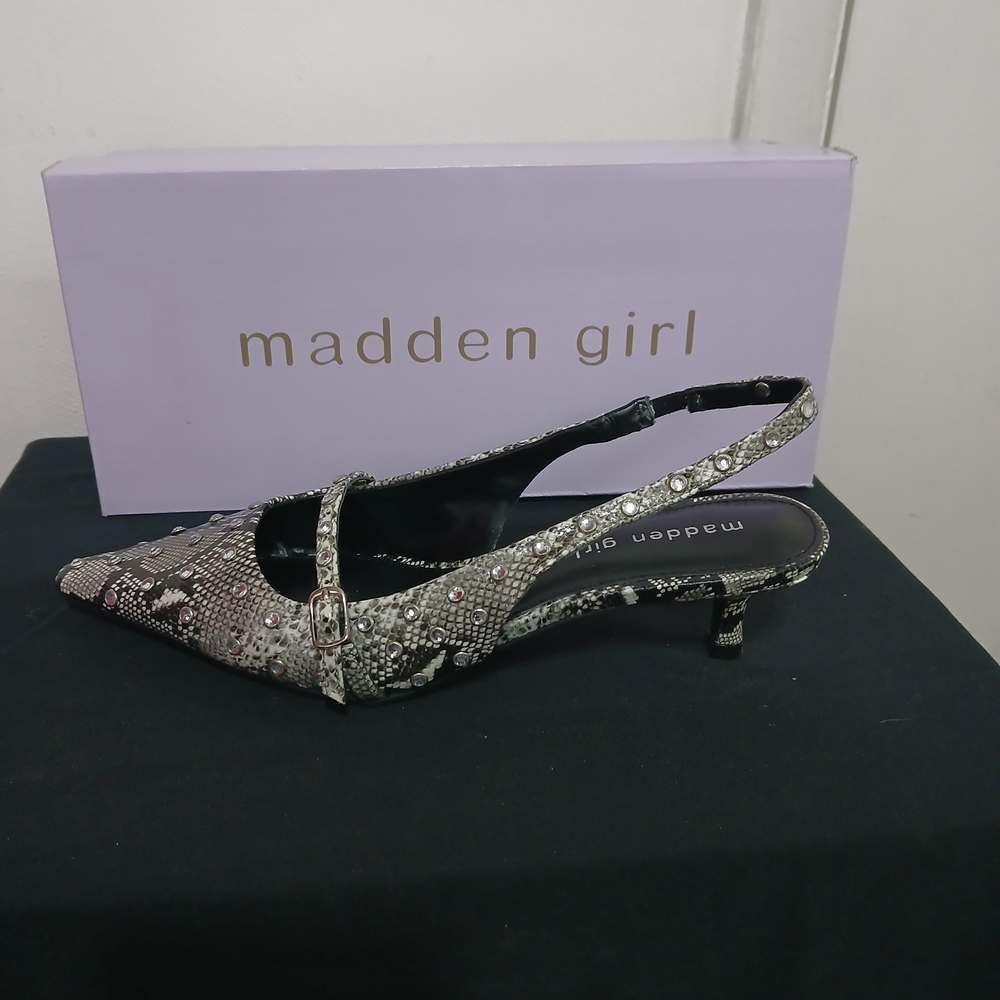 Madden Girl Black and Gray Snakeskin Heels